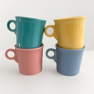 VTG 4 Fiesta Ware Coffee Cups O Ring Handle Homer Laughlin Mugs Pink Green Blue